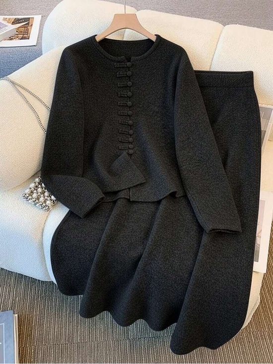 SHEIN Dresses & Skirts - Knitted Drawstring Casual Elegant Chinese Style Solid Buttoned Sweater Skirt Set